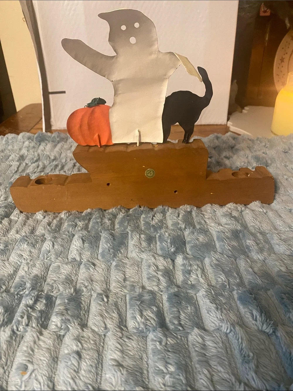 Vintage 90s Folk Art Wood Halloween Candle Holder Sign Ghost Cat Pumpkin